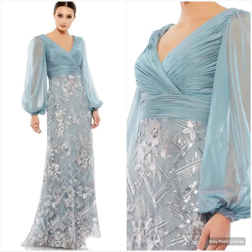 NWT Mac Duggal Blue Faux Wrap Puff Long Sleeve Beaded Embroidered Maxi Gown